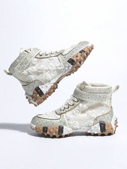 Women's Rhinestone Floral Lace Chunky Sole Low-Top Sneakers | Sparkly Embellished Platform Casual Shoes