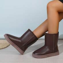 1 Pair Thick Plush Tall Boots, Thick Sole Versatile Women Slip-On Mid-Calf Boots - Brown - View 11