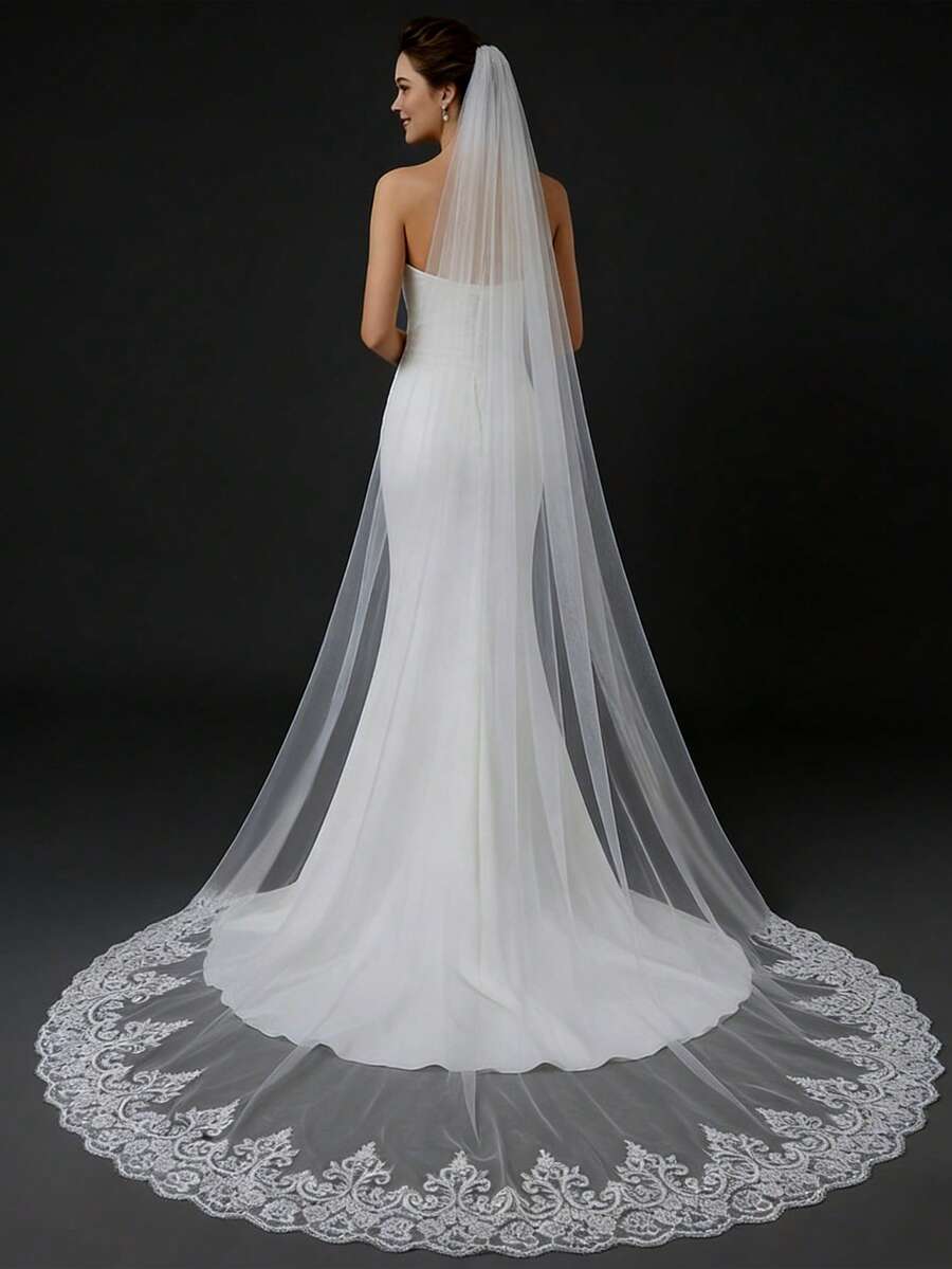 1件3米长蕾丝新娘头纱，象牙色柔软薄纱，适用于婚礼、婚纱摄影道具、新娘礼服配饰