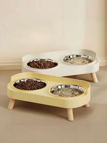 加高不锈钢/塑料宠物碗套装带支架，双碗，适用于小型犬和猫，带防溅保护装置 - 宠物喂食器