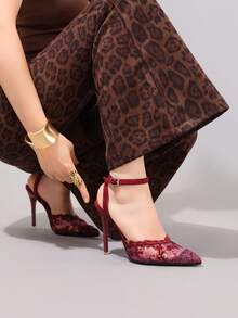 Fashionable Lace Embroidered High Heel Shoes, Sexy Pointed Toe Super High Heel Party Shoes, Thin Heel Wine Red Sandals For Women,Stiletto Heels - Burgundy - View 9