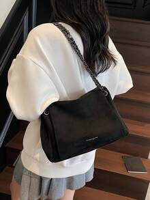 Women's Tote Bag, Suede Soft Shoulder Bag With Chain, Crossbody Handbag, Large Capacity Underarm Bag, Daily Commute Purse - Black - View 4