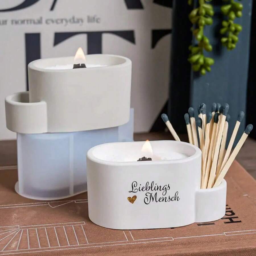1pc Oval Silicone Mold With Matchstick Hole, DIY Candle Cup, Wax Melt, Jewelry, Resin Crafts Storage Container Mold - White - View 1