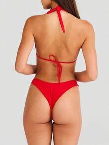 Women's Two Piece Bikini Swimsuit Triangle Top Bathing Suits Back Tie String Cheeky Bikini Sets - Rojo - Ver 4