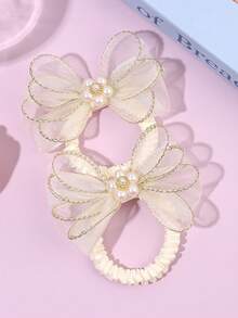2个米色网纱发圈，女童珍珠水钻装饰发圈，亮面弹力发带，优雅发圈，派对日常节日马尾辫发圈，青少年发饰 - 米色 - 查看 3