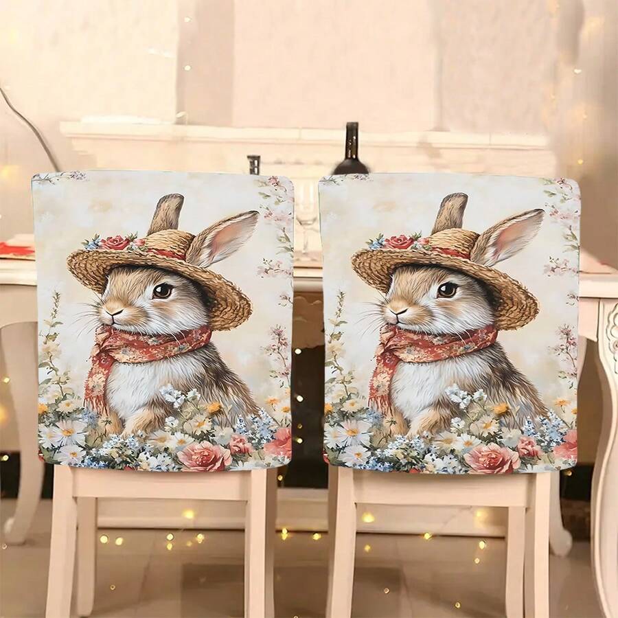 1pc/4pcs/6pcs/10pcs Easter Series Plush Chair Cover With Printed Image Of A Brown And White Rabbit Wearing A Floral Woven Hat And Patterned Scarf, Surrounded By Daisy, Rose And Other Flowers - Multicolor - View 1
