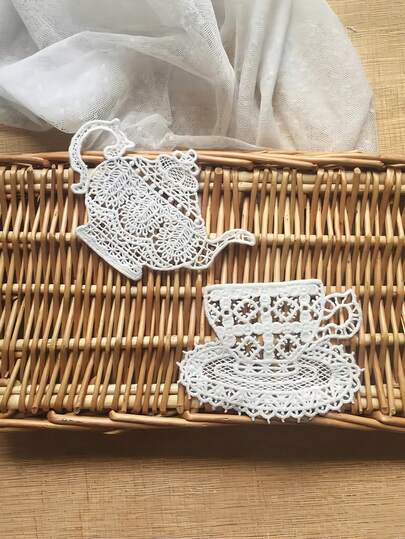 4pcs White Lace Tea Cup & Teapot Stickers, No Glue, Suitable For DIY Accessories, Clothing, Bags, Etc. White Tea Cup Embroidered Stickers Can Be Sewn On Cafe Badges For DIY T-Shirt Patches And Repairs