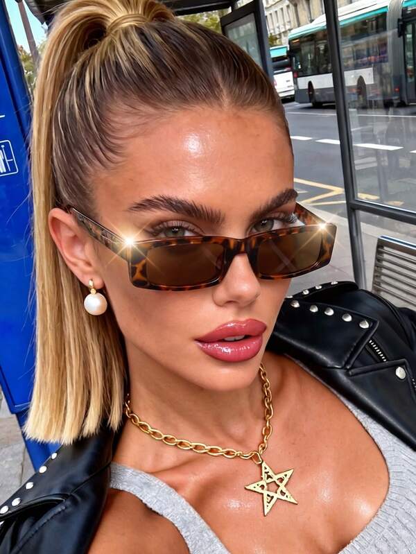 1 Pair Leopard Print Brown Rectangular Sunglasses, Suitable For Sports, Travel, Music Festivals, Sporty Style, Driving, Holiday Outfits, Beach, Outings, Summer Accessories, Vacation, Family Outings, Golf, Hiking, Elegant Attire, Street Style Accessories, Parties, Outdoor Activities, Street Style, Fishing, Outdoor Activities, Holidays, Vacation