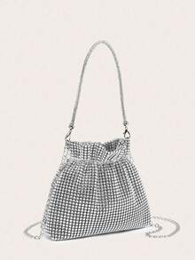 1件装女士优雅褶皱水钻方形手拿包，百搭简约设计，适合晚间外出 - 銀色 - 查看 2