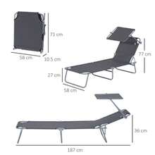 Outsunny Folding Sun Lounger, Garden Lounger, Deck Chair With Sunshade, Grey, 187 X 58 X 36 Cm, Ideal For Beach & Patio - Grey - View 2