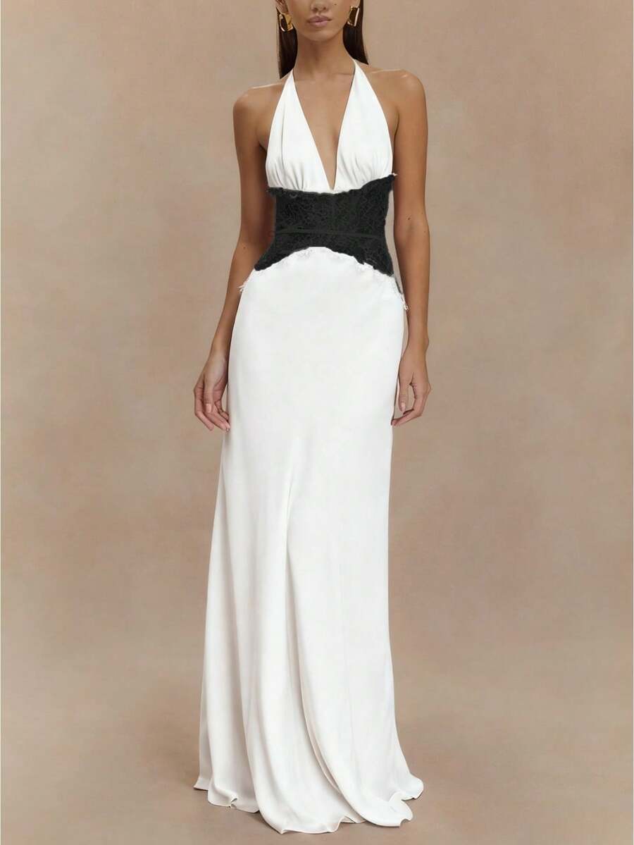 Women's Off Shoulder Halter Sheer Lace Splicing Maxi Dress Deep Plunge Neck Backless Bodycon Evening Formal Dress - White - View 1
