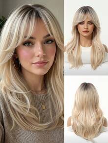 20英寸 Medlum 长发假发，女士渐变金色卷发假发，自然耐热合成假发，适合女性日常居家度假佩戴，带刘海 - 漸變金色 - 查看 5