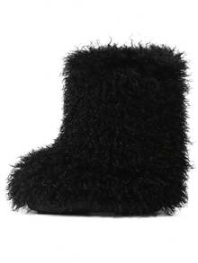 Winter Knee High Boots For Women Pull-On Faux Fur Boots Furry Fluffy Round Toe Fashion Boots Suede Comfy Plush Warm Knee High Boots Outdoor Indoor Flat Shoes Party Dressy Women Winter Boots - 黑色-D - 查看 3