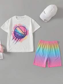 2pcs/Set Older Girls' Summer Short Sleeve T-Shirt And Rainbow Gradient Shorts, Fashion Basketball Print Casual Outfit