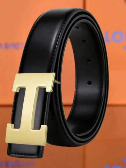 Famous Designer Brand Men's Smooth Buckle Belt, With Gold H Letter Alloy Buckle, Fashionable Casual Versatile Belt, Suitable For All Seasons