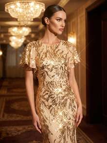 EVERPRETTY Đầm dạ hội nữ thanh lịch và quyến rũ, xẻ tà cao, xếp ly, đính sequin vàng, thích hợp cho các buổi dạ tiệc, tiệc tùng, sự kiện trang trọng, các dịp bán trang trọng, đám cưới, tiệc mùa xuân. - Vàng - Xem 8