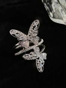 1 chiếc nhẫn hình bướm rỗng đính đá toàn bộ, sang trọng, mạ đồng và đính kim cương nhiều lớp, phù hợp cho nữ đeo hàng ngày, dự tiệc, dạ hội, là món quà trang sức mới. - Bạc - Xem 7