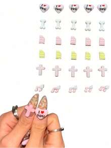 30件装情人节可爱甜美日式粉色巧克力爱心石音符十字架白骨美甲饰品八音符摆件手机壳打火机耳机装饰用品发夹手饰串珠DIY手工手链配件 - 彩色 - 查看 3