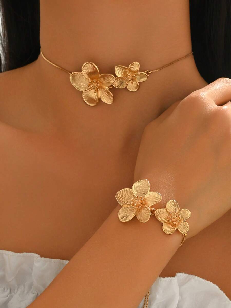 2pcs/Set Fashionable & Elegant Metal Geometric Floral Necklace & Bracelet Jewelry Set, Sweet & Fresh 3D Floral Accessories For Women, Suitable For Daily Wear, Dates, Vacations, Parties, Can Be Given As Gifts - Gold - View 1