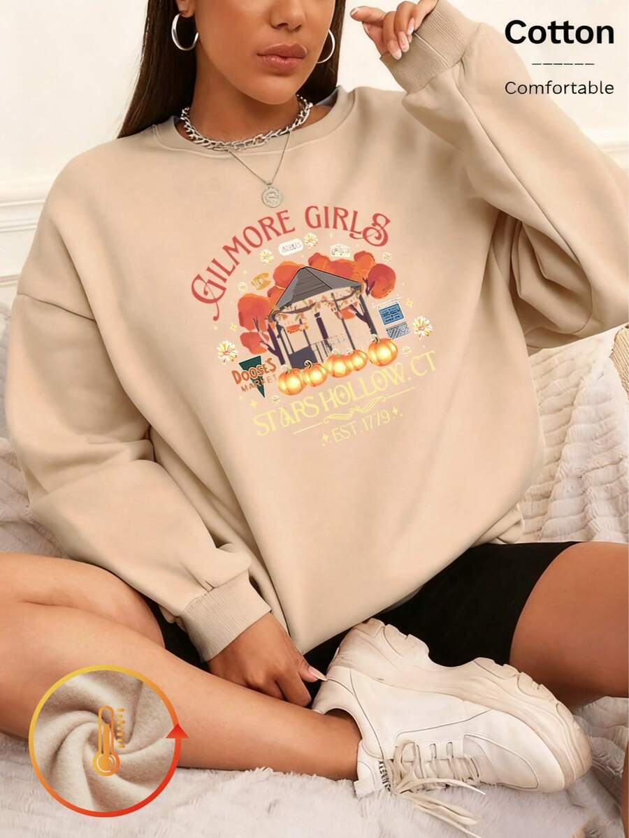 Halloween Theme Women's Sweatshirt With Fleece Lining, Featuring Starry Sky Pattern, Pumpkin Lantern And Leaf Print, Made Of Soft Cotton Fabric In Loose Fit, Warm And Cozy. Suitable For Winter Wear, Creating A Comfortable And Warm Atmosphere, Ideal For Casual Looks, Romantic Sunset Dates, Valentine's Day, As Well As Commuting, Business, Vacation, Back To School And Other Occasions