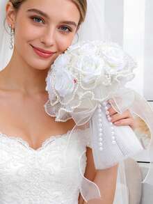 8.66 Inch Artificial Wedding Bouquet, Bridal Faux Pearl Veil Decorated Rose Bouquet, Suitable For Wedding Ceremony, Anniversary, Homecoming And Other Occasions, Valentine's Day Gift,Festival,Birthday - Multicolor - View 3