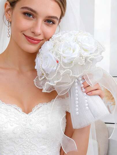 8.66 Inch Artificial Wedding Bouquet, Bridal Pearl Veil Decorated Rose Bouquet, Suitable For Wedding Ceremony, Anniversary, Homecoming And Other Occasions, Valentine's Day Gift