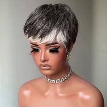 1顶4英寸短款1B/34/60混色真人发假发，150%密度，精灵短发，带刘海和层次感，三色渐变，黑色、灰胡椒色和白色，多色玫瑰网帽，直发，日常佩戴舒适，适合派对佩戴 - 彩色 - 查看 4