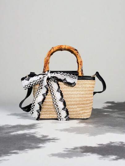 Woven Bamboo Knot Handbag | Quality Woven Straw + Durable PU Leather Patchwork, Japanese Artistic Style | Bamboo Knot Handle Design For Hand-Held Or Crossbody, Large Capacity Multi-Layer Storage For Phone/Keys/Lipstick | Beach, Travel, Daily Outfit Accessory, Handmade Woven Lightweight & Breathable, Niche Design Women Bag, Straw Bag