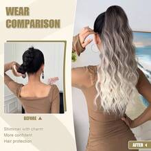 夹式马尾接发，黑色、酒红色渐变、黑色、灰色渐变、棕色波浪纹马尾，24英寸，耐热硬质合成发片，适合女性圣诞节、万圣节、音乐节派对和日常使用。 - 拼色 - 查看 4