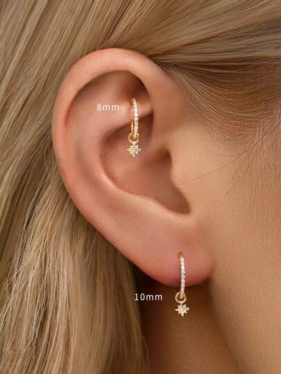 1piece 925 Sterling Silver Stars CZ Pendant 16G Hinged Hoop Piercings Earrings - Octagram Cartilage Hoop, Helix Hoop, Nose Piercing, Septum Ring, Seamless Clicker, Tiny Hoop Earring, Daith Hoop,Tragus Hoop,Conch Piercings, Silver Seamless Cartilage Earring, Suitable For Daily Wear For Both Women And Men, Soft Sterling Silver - Handle With Care(Sold As 1 Piece)