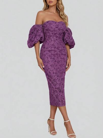 Sedessea 一字肩燈籠袖後背開衩緊身洋裝