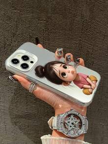 1pc Minimalist Cute Girl Pattern Phone Case, Luxurious Texture, Waterproof And Durable, Compatible With IPhone 17, 16, 11, 15, 14, 13, 12 Pro Max Plus And Other Models, Ideal Gift For Fashion Lovers, Friends, Family, Couples, Birthday, New Year, Valentine's Day, Easter, Festival - Silver - View 2
