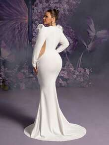 Faeriesty Đầm dự tiệc cưới/dự tiệc sang trọng dành cho nữ cỡ lớn, màu trắng, tay dài, cổ chữ V phối lưới tương phản, đính hoa 3D, thích hợp cho các buổi tiệc, đám cưới, tiệc tối trang trọng, sự kiện cao cấp, Ngày Valentine. - trắng - Xem 3