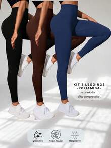 Set Of 3 Ribbed High-Waisted Leggings In High-Compression Polyamide - Pto/Cafe/Marinho - 查看 1