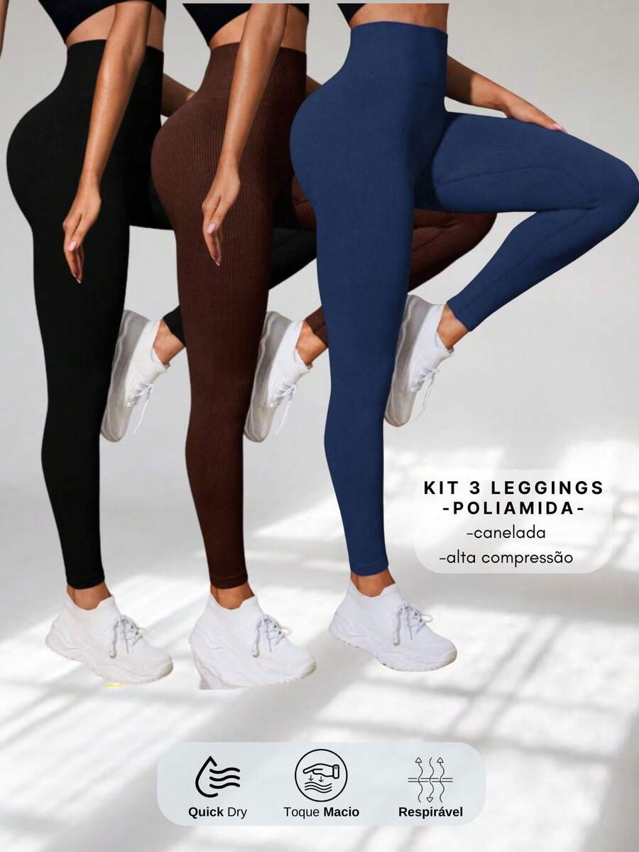 Set Of 3 Ribbed High-Waisted Leggings In High-Compression Polyamide - Pto/Cafe/Marinho - 查看 1