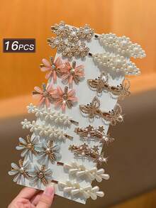 16pcs/Set Women's Rhinestone Faux Pearl Flower Claw Clips, Hair Clips, Hair Barrettes, Hair Barrette, Party Use - Multicolor - View 3