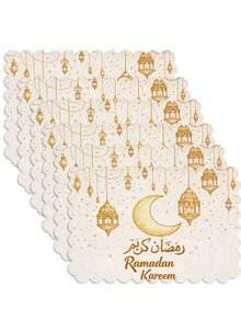 斋月波浪边餐垫套装（1/4/6件装）| 12*18英寸月光图案，亚麻材质，适用于厨房、餐桌、餐厅、生日派对和宴会装饰，可机洗和手洗，便携，四季皆宜 - 彩色 - 查看 6