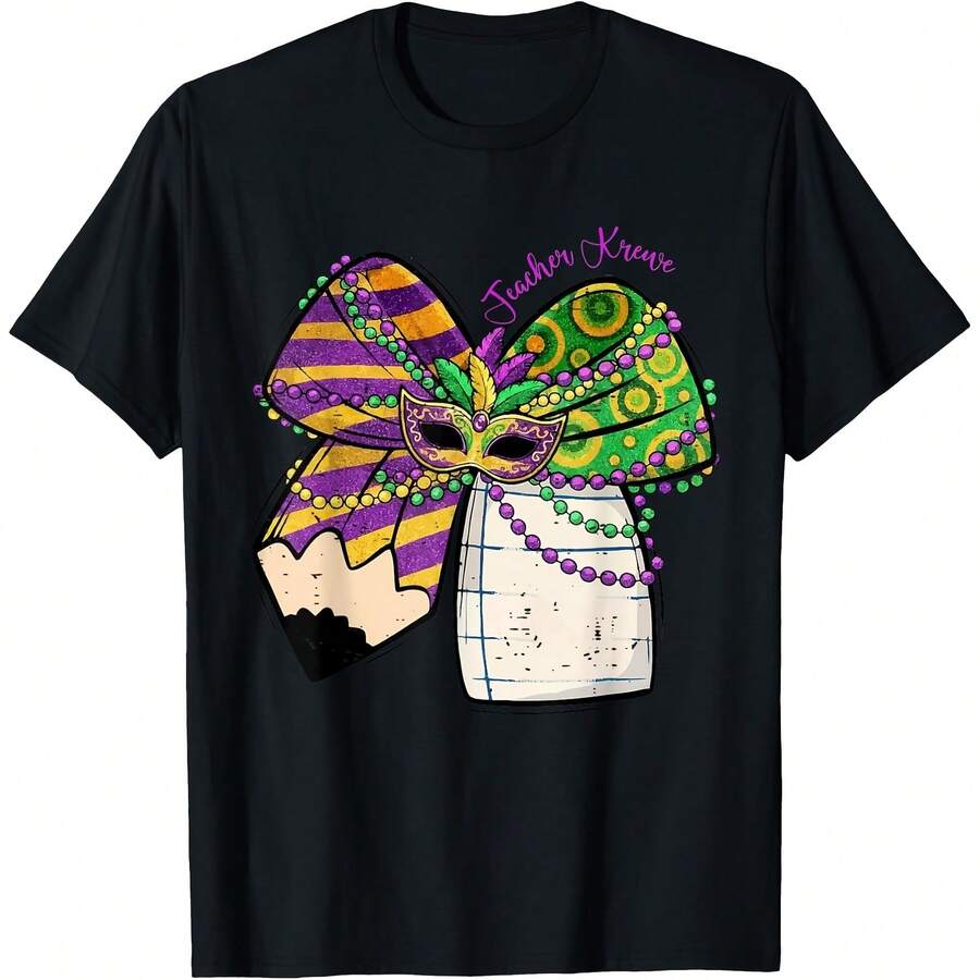 Coquette Bow Pencil Mask Beads Mardi Gras Teacher Krewe Cute T-Shirt - Black - View 1