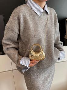 1pc Shiny Mini Bag, Fashion Glitter Ladies Handbag, Rhombus Pattern Evening Bag, Personalized Gold Women's Wallet, Earphone Mini Pouch, Can Hold Keys, Mini Bag, Ladies Bag, Cute Bag, With Detachable Strap Crossbody Chain Clutch - Gold - View 6