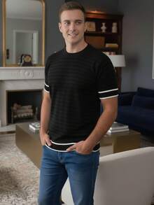 Basic Two-Tone Knit Shirt, Short Sleeve, Ribbed, Stylish Summer T-Shirt, Men's Blouse - Azul marino y blanco - Ver 5