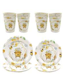 10pcs Bee Themed Party Plates, Cups, Paper Towels, Tablecloths, Bee Honey Gathering Party Suitable For Festivals, Celebrations, Birthdays, Parties, Tea Parties, Weddings, Bees - Multicolor - View 3