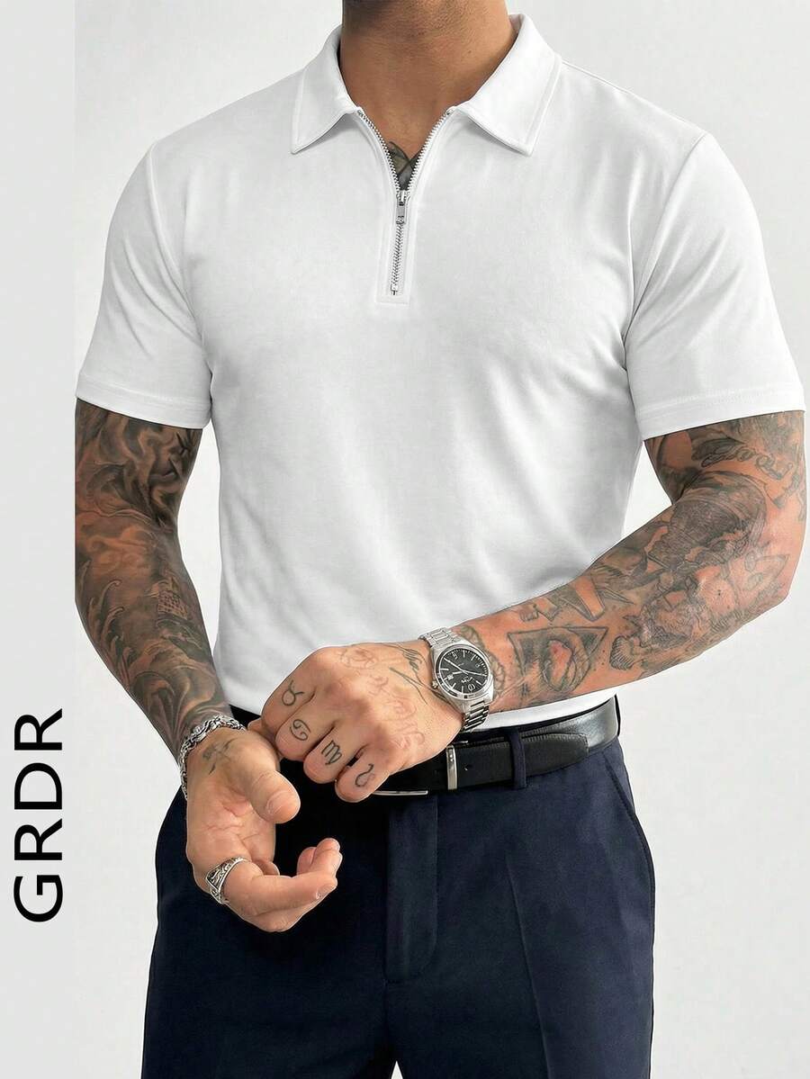 GRDR 男士休闲纯色短袖拉链 Polo 衫 - 白色 - 查看 1
