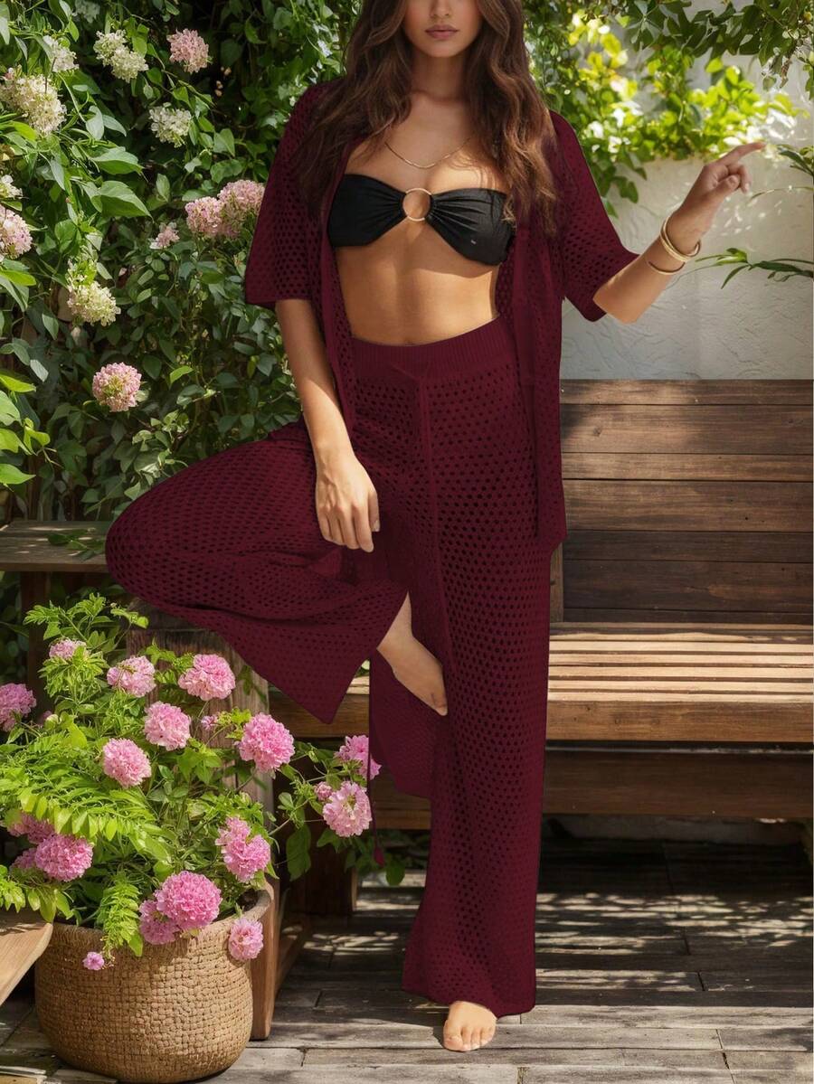 Bộ bikini ngoài trời dệt kim rỗng màu trơn gợi cảm dành cho nữ, thích hợp cho mùa hè, kỳ nghỉ, lễ hội và mùa tựu trường. - Gỗ đỏ - Xem 1