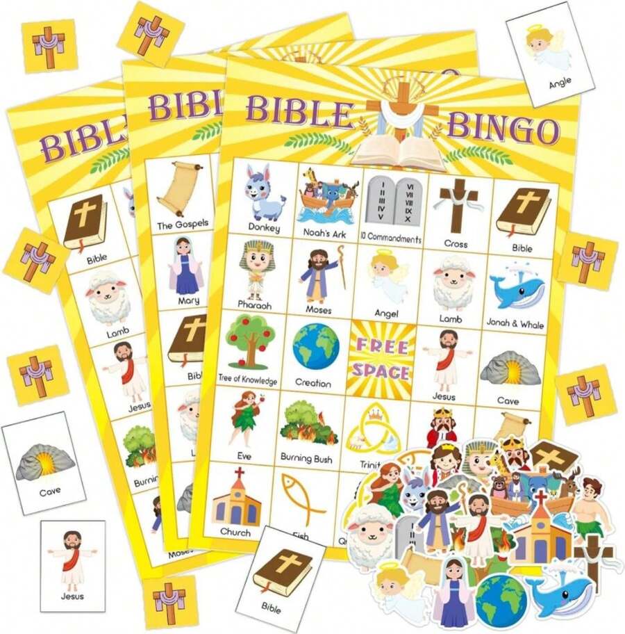 ADELULU 30 Players Bible Bingo Game For Kids - Vacation Sunday School Christian Church Game - Activities Easter Gifts Family Open Day Supplies - ColorC - 查看 1