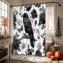 1Pc Gothic Crow & Floral Shower Curtain, Black & White Botanical Print, Machine Washable Polyester With 12 Hooks, Modern Elegant Bathroom Decor, Smooth Texture Fabric For Stylish Home Aesthetics, Bathroom Decor And Accessories - 顏色2 - 查看 3