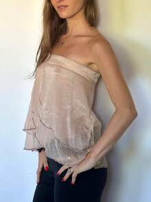 2026 Women's Tube Tops Floral Pattern Backless Top Layered Ruffle Strapless Bandeau Top Slim Fit Cropped Tube Tops - Khaki - View 7