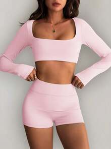 Bộ đồ thể thao nữ mùa thu, cổ vuông, tay dài, siêu ngắn, ôm sát, thích hợp cho thể thao, ở nhà và tập thể dục. - Hồng - Xem 9