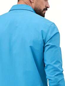 Camisas casuales de manga larga de color caqui para hombres, tops de manga larga de unicolor versátiles, para el otoño - Azul - Ver 5