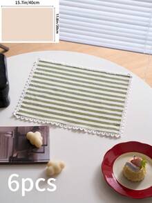 1/2/4/6pcs Green Striped Heart Lace Trim Napkins, Fresh Pastoral Style Decorative Hand Towels Suitable For Holidays, Parties, Birthdays, Weddings, Dinners, Office Desks, Coffee Tables, Home Decor, Photography Backdrops, All Seasons