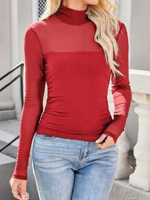 Acelitt Top elegant pentru femei, roșu aprins, culoare solidă, transparent, cu imprimeu din plasă, guler înalt, croială slim fit, mânecă lungă, vară casual, primăvară - roșu - Vizualizare 3